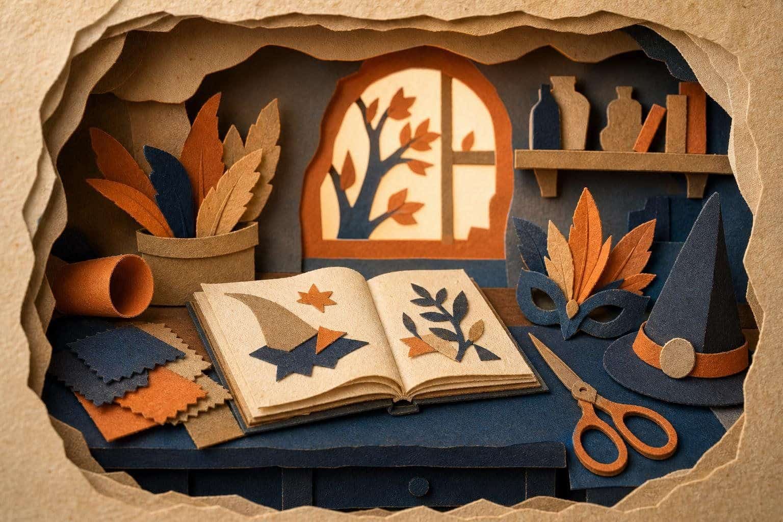 A desk with a sketchbook, fabric swatches, scissors, a pointed hat and a small mask.