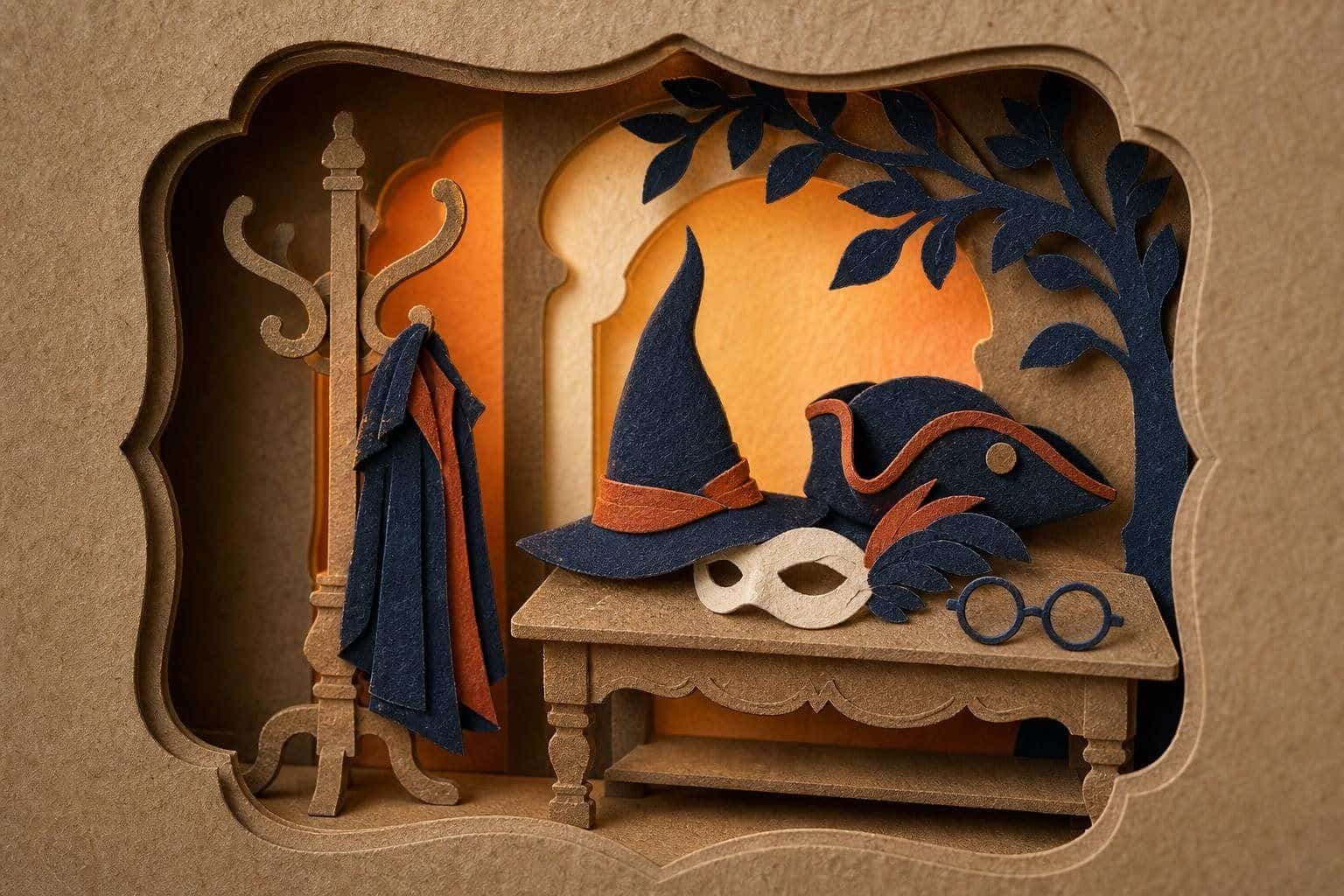 A coat rack hung with a wizard hat, a cape, a pirate coat.