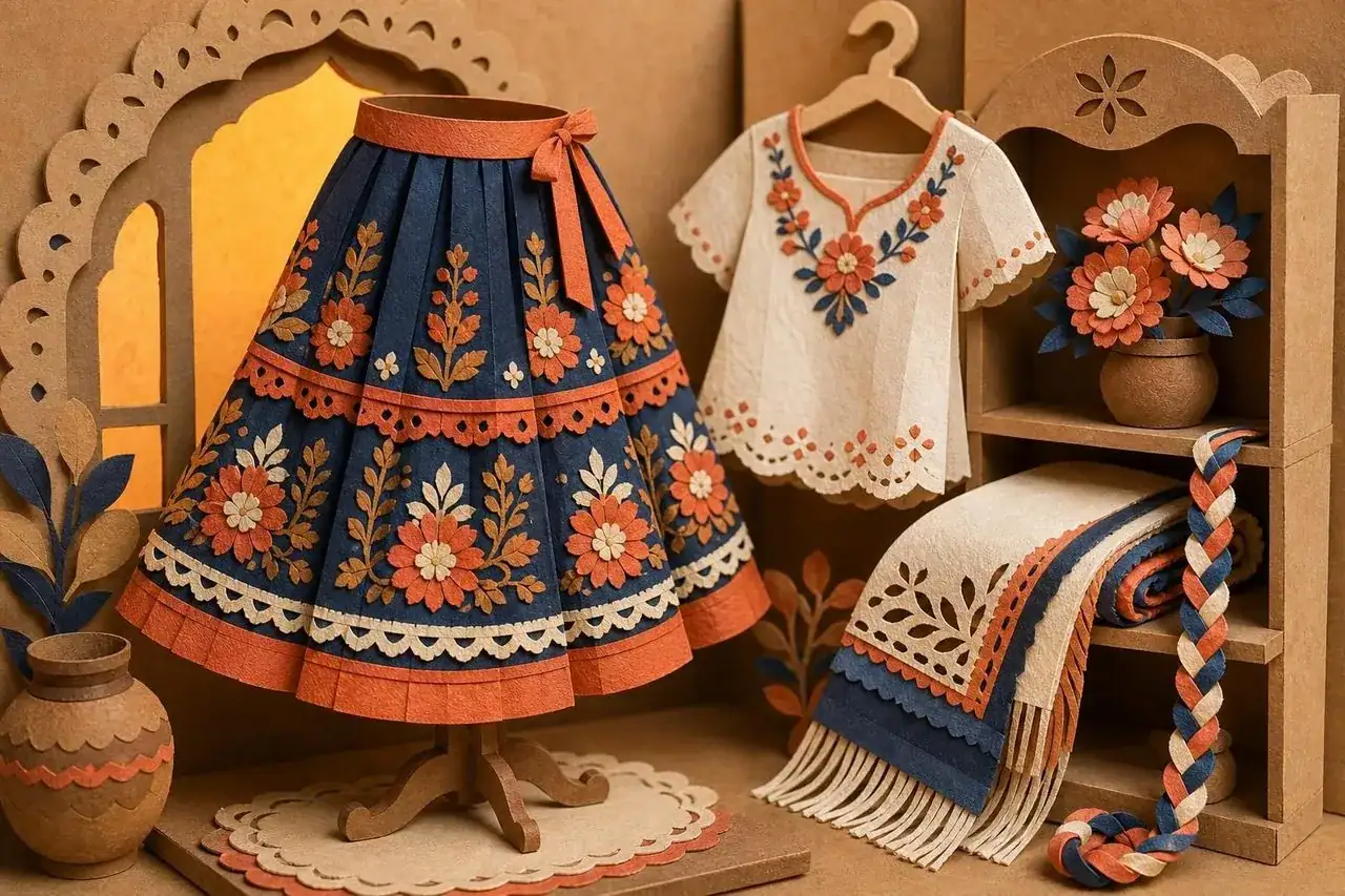 Garments and decorations of traditional Puebla dress.