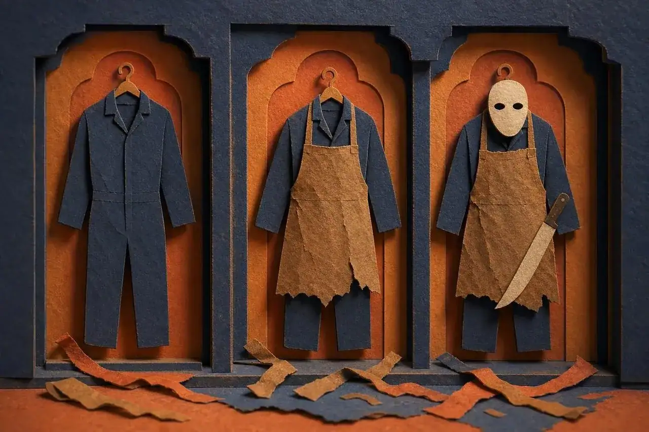 A villain costume laid out in build stages.