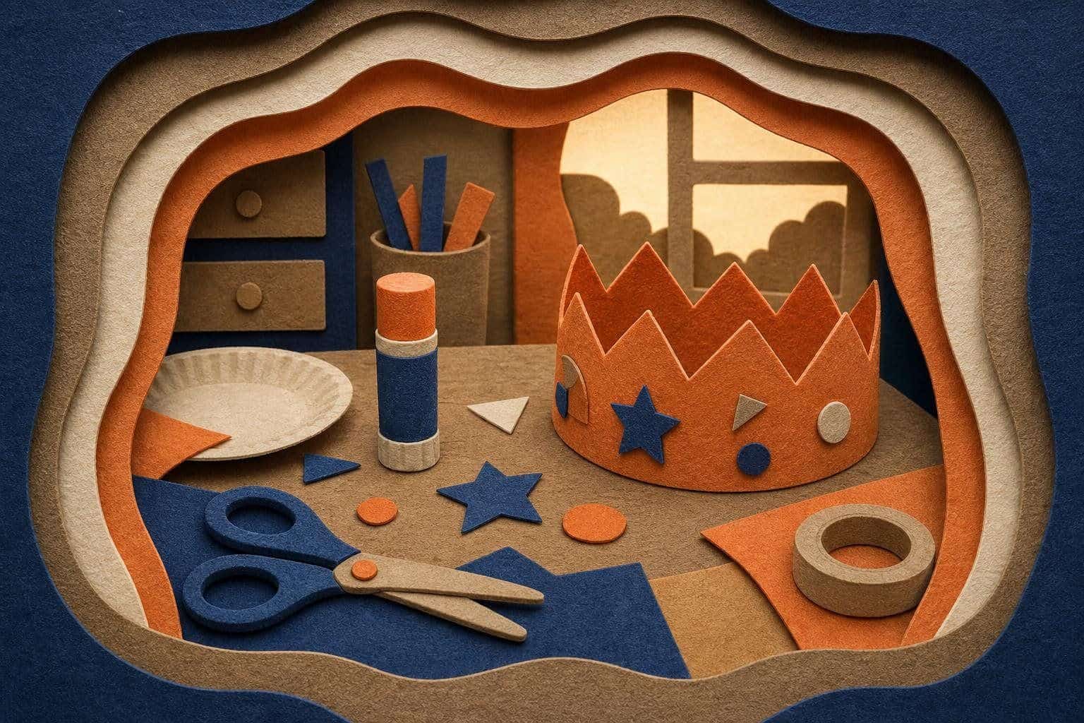 A craft table with felt shapes, safety scissors, a glue stick and a half-finished cardboard crown.