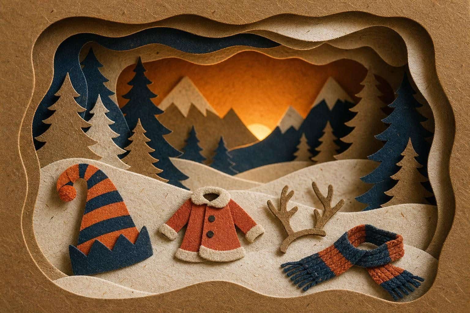 A pointed elf hat, a red coat, reindeer antlers and a snowman scarf on a snowy hillside.