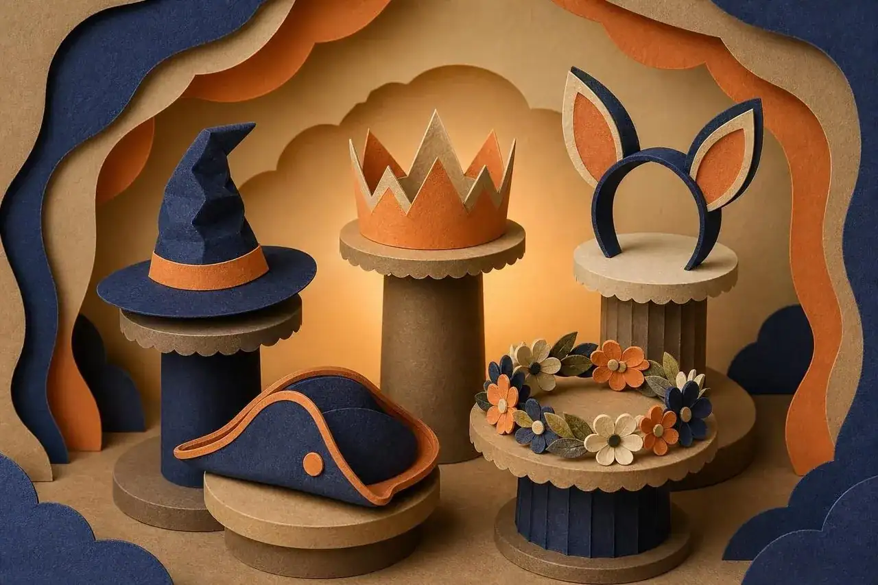 Assorted hats and headpieces on stands.