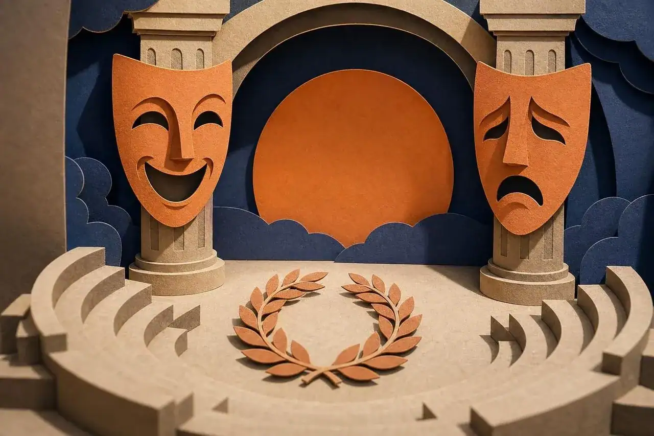 Ancient-style theater masks and columns.