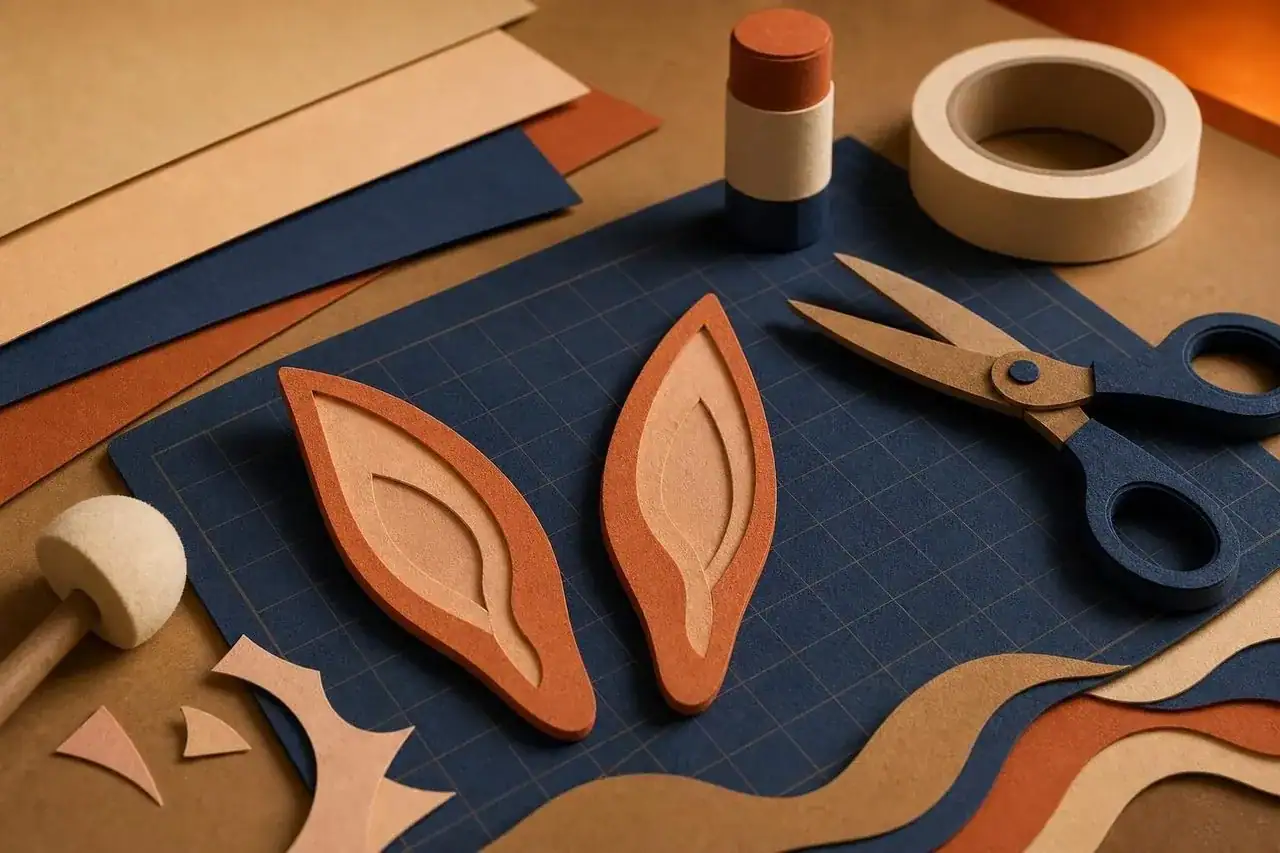 Flat craft foam shapes, a pencil-free paper pattern and a glue tube laid out for making elf ears.
