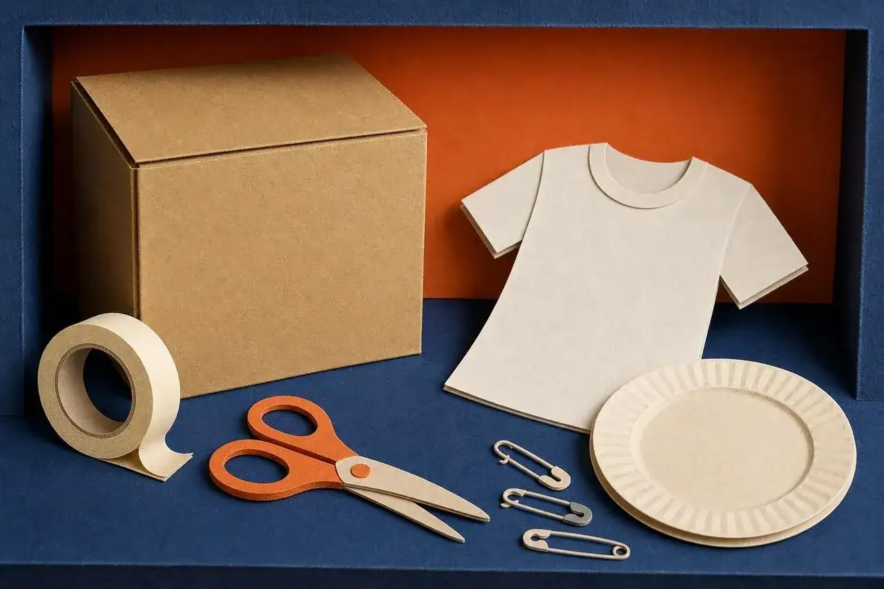 A tidy pile of household items that could become a last-minute funny costume.