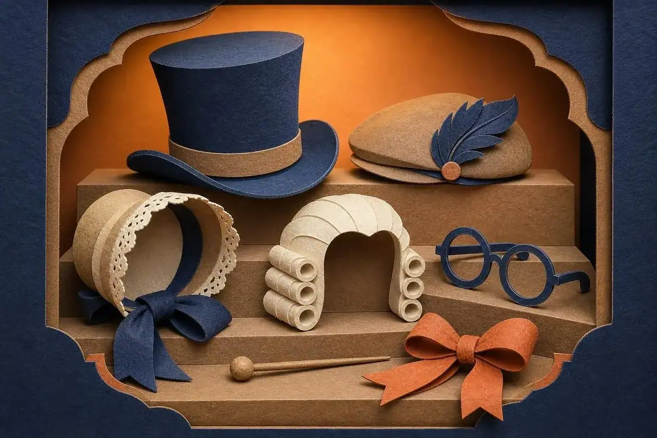 A small group of period hats and accessories from different eras.