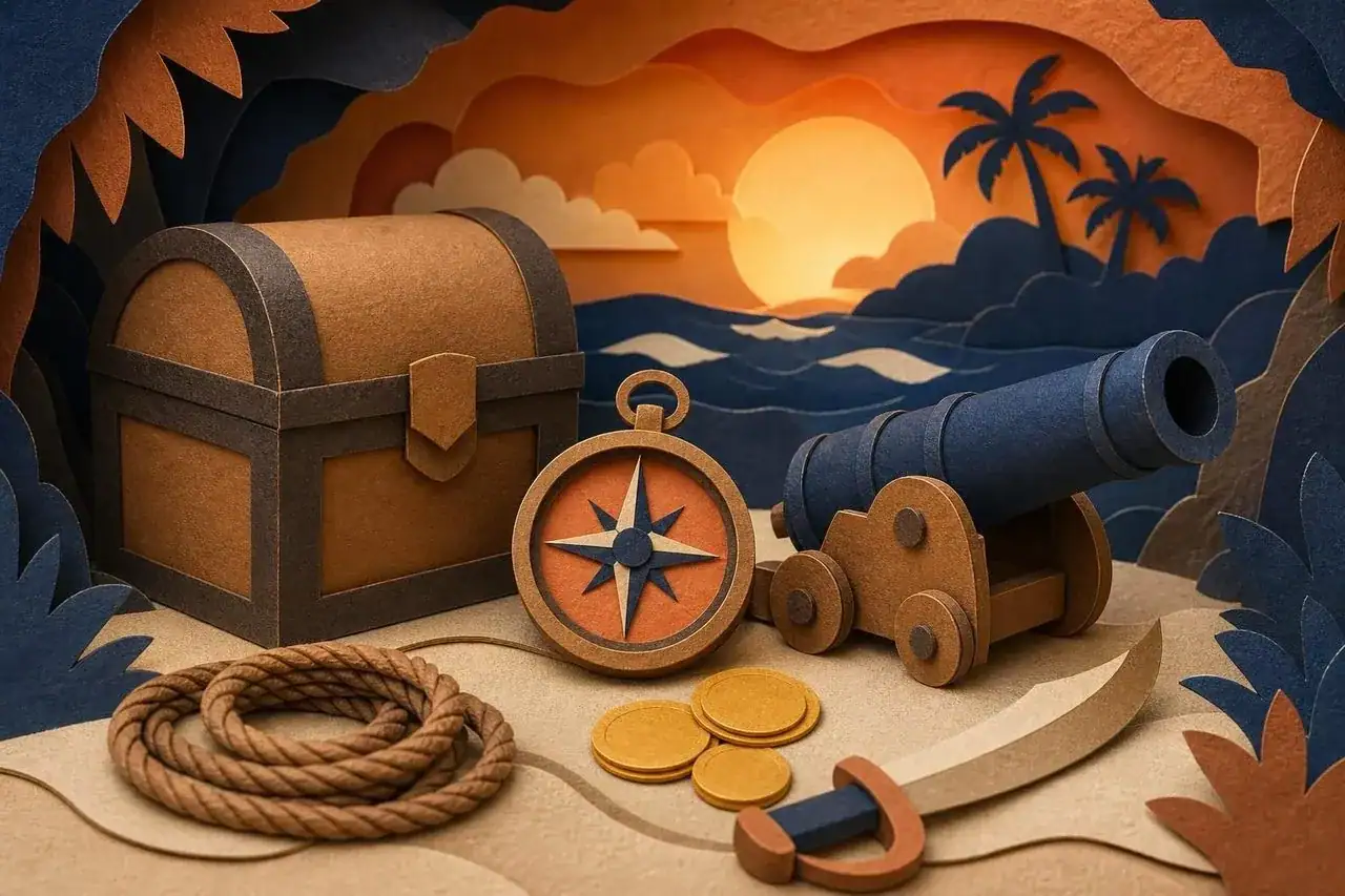 Flat paper props of a treasure chest, compass, cannon and saber.