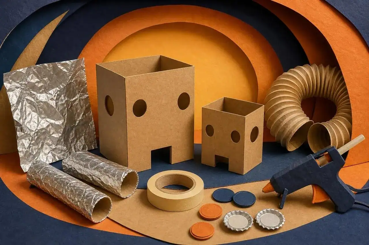 The cardboard pieces and tools used to build a robot costume.