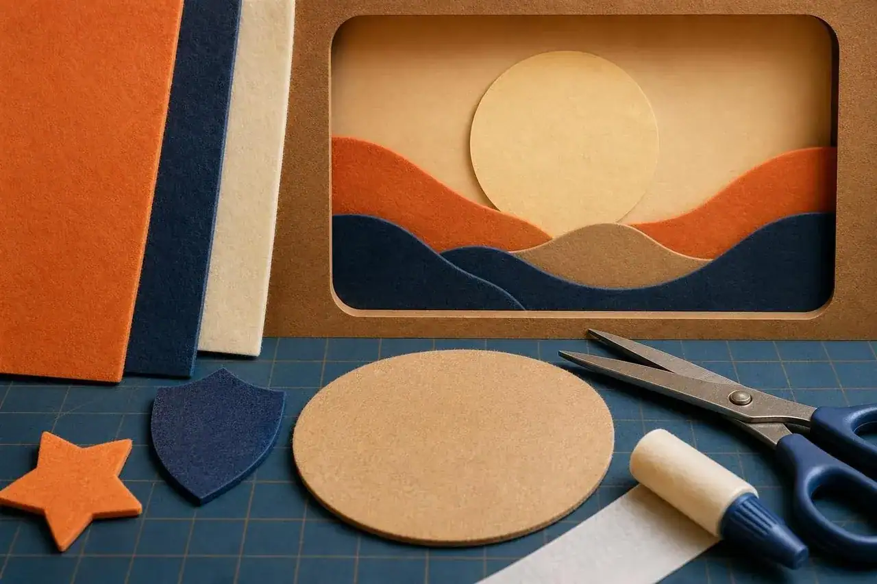 Felt sheets and tools for cutting a hero emblem.