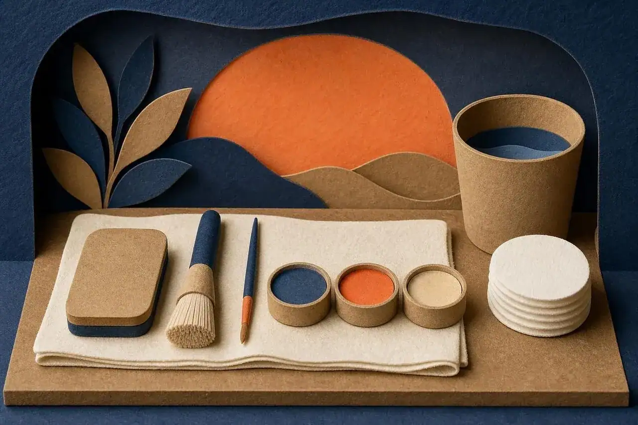 Sponges, brushes and paint pots arranged in the order used for a face design.