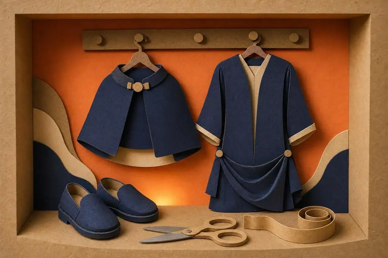 A short cape and hemmed costume garments chosen to avoid tripping.