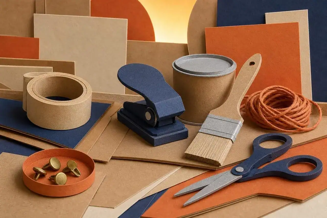 The materials and tools for building a cardboard knight costume.