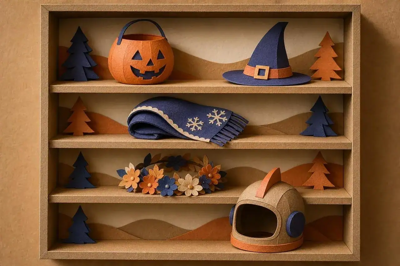 Costume pieces for different seasons gathered on shelves.