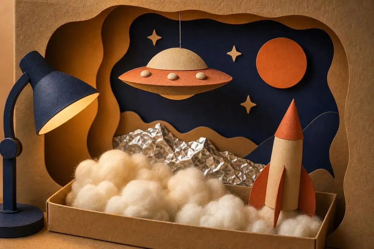 Handmade low-budget effects props like a model saucer and foil panels.