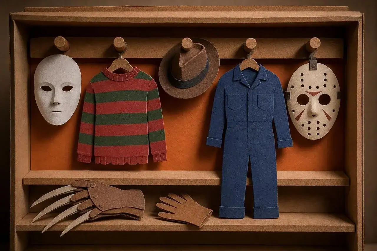 The signature garments of classic horror villains hung up in a row.