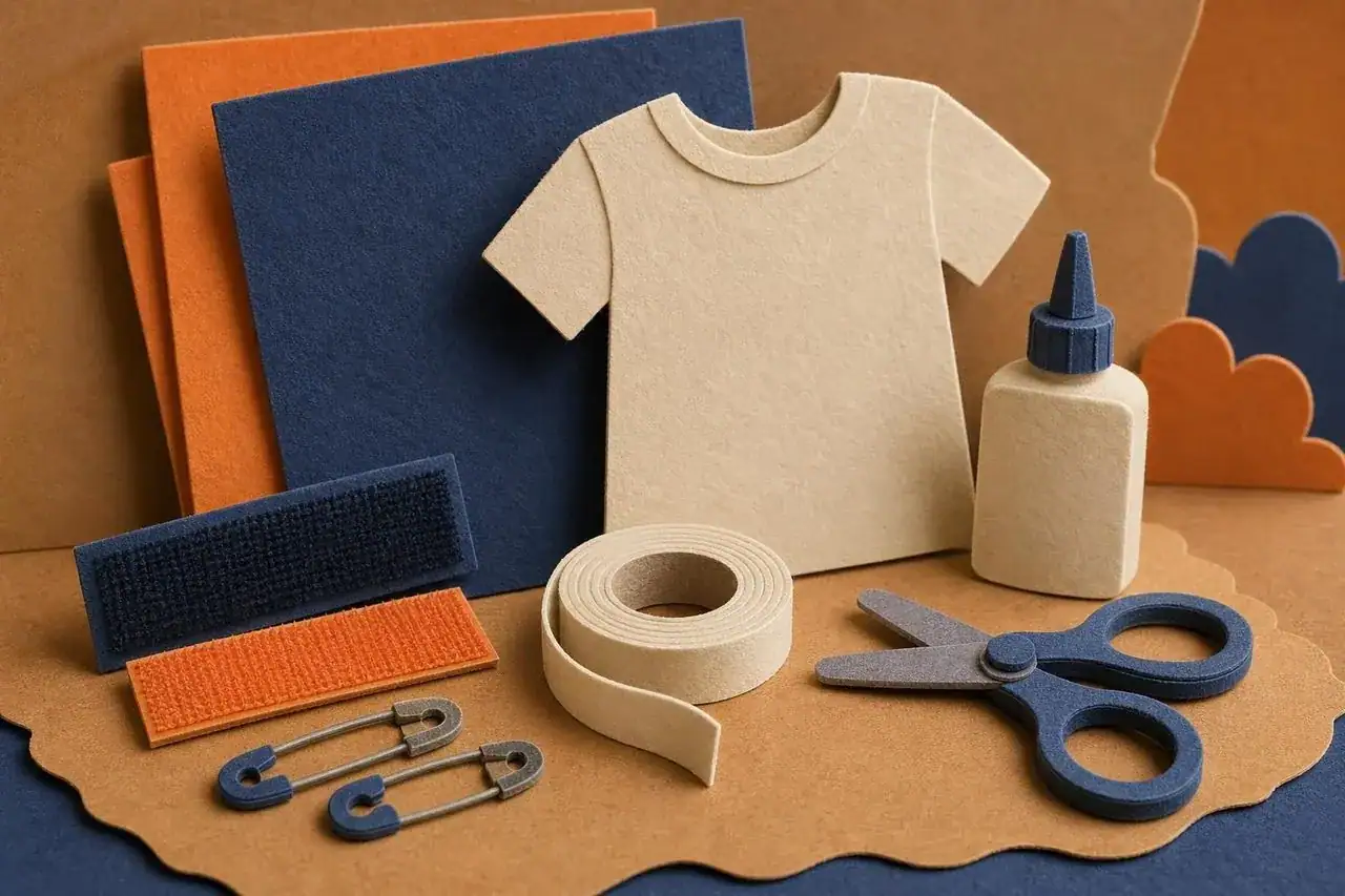 Materials for no-sew kid costumes laid out on a table.