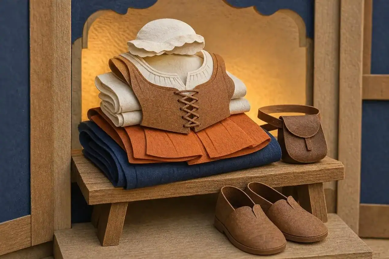 The layered garments of a Renaissance outfit stacked in order.