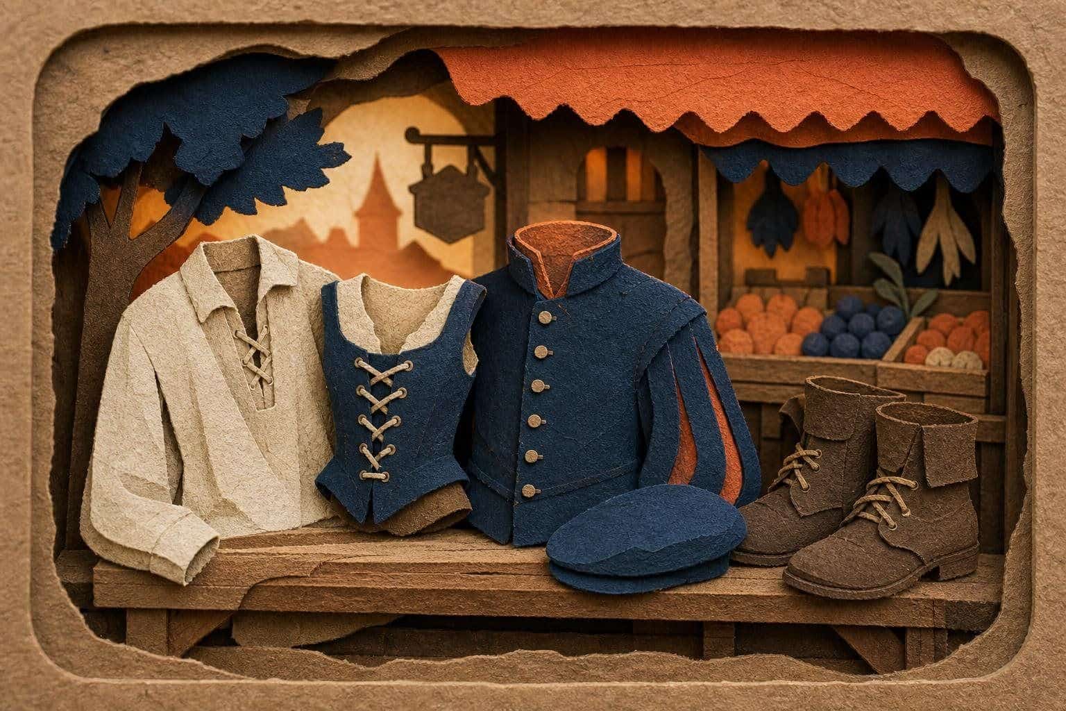 A linen chemise, a laced bodice, a doublet, a flat cap and leather boots laid out in layers.