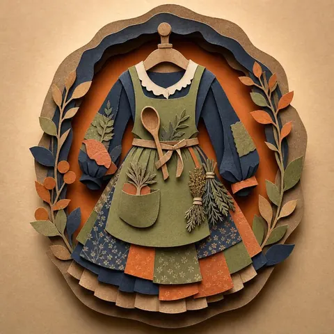 Paper-cut illustration: The green kitchen witch